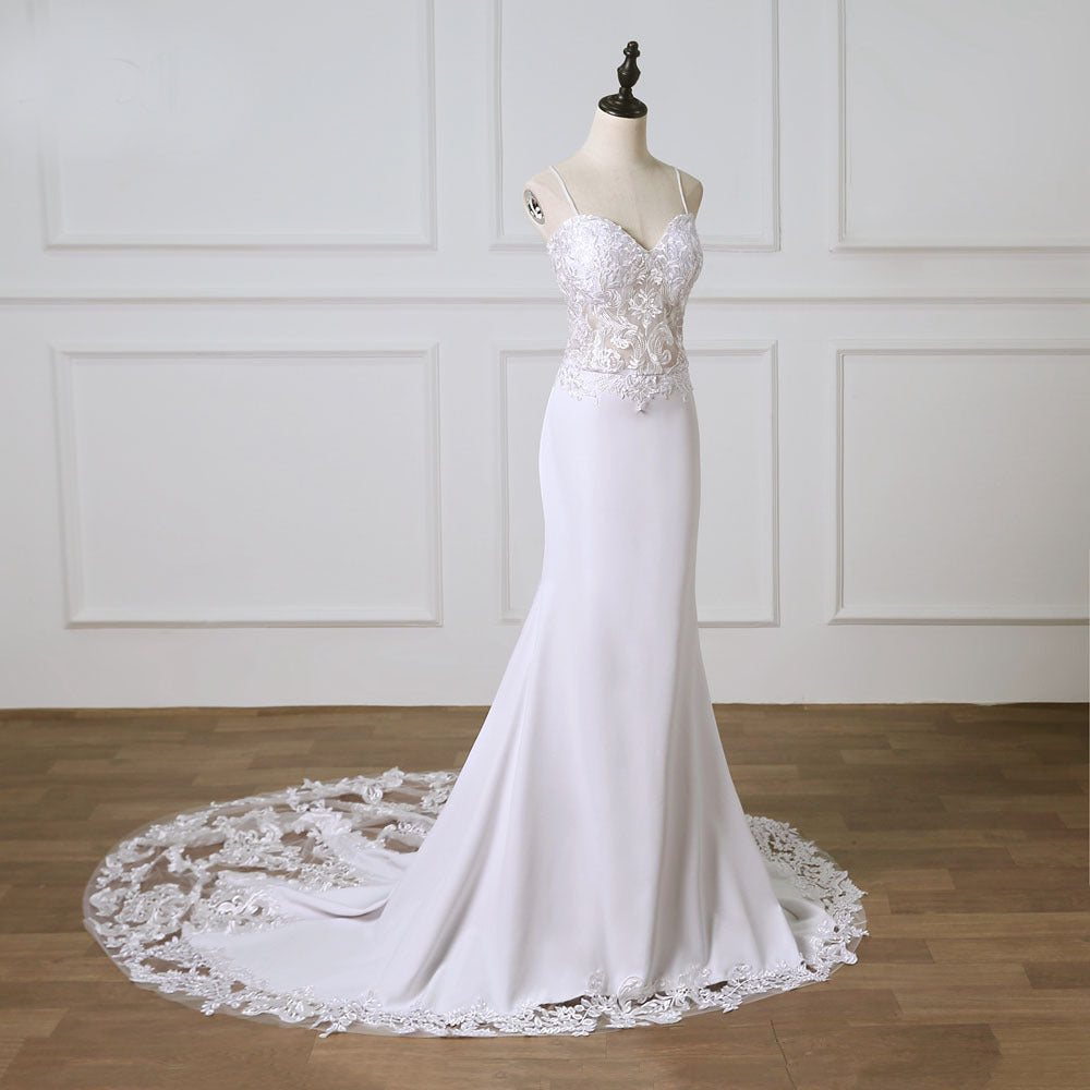 Sheer Beauty, Elegant Sheer Lace Bodice with Spaghetti Straps Bridal Gown with Pooling Lace Embellished Train