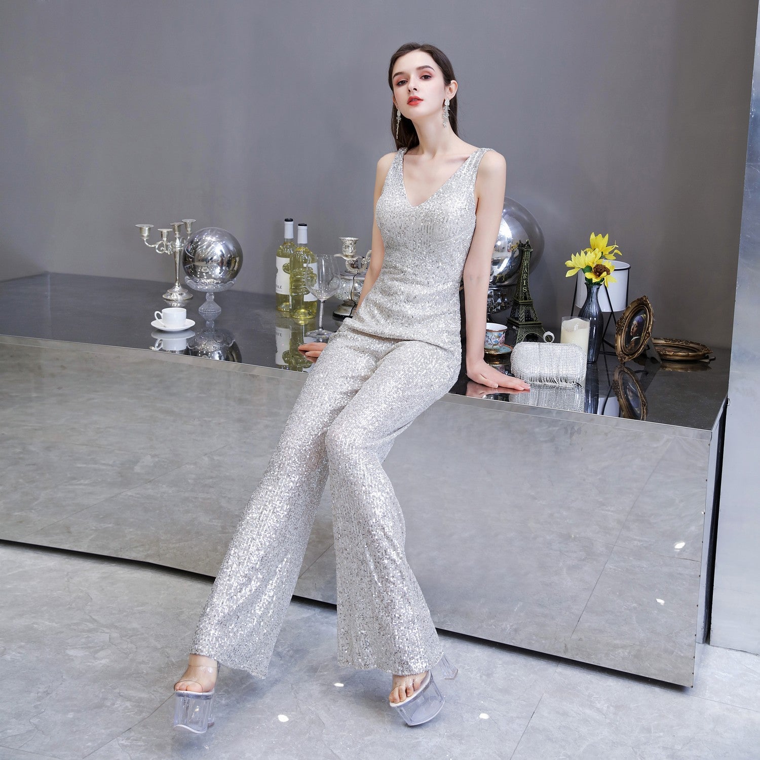 Fashion Eye, Eye Catching Slim Wide-leg Evening Wear Jumpsuit for Women