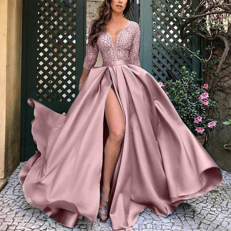 Eva, Long Evening Dress with Lace Plunging Neck Line Bodice