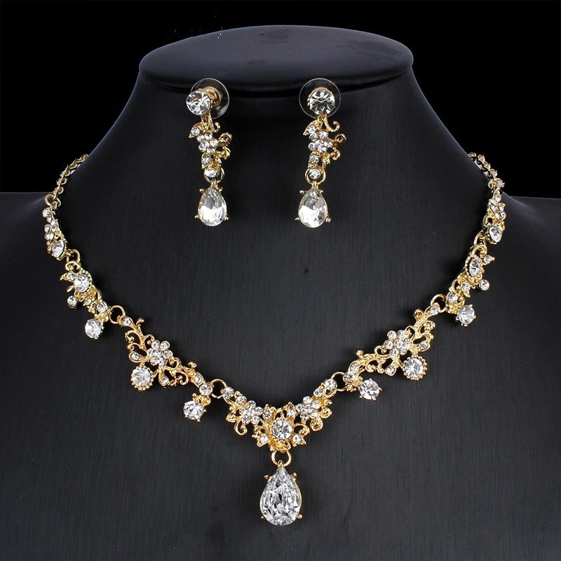 Zirconium, Golden Bridal Necklace and  Earrings Wedding Two-piece Set