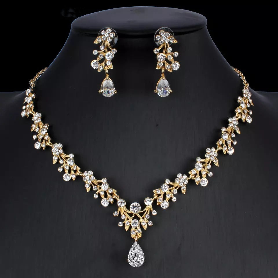 Zirconium, Golden Bridal Necklace and  Earrings Wedding Two-piece Set