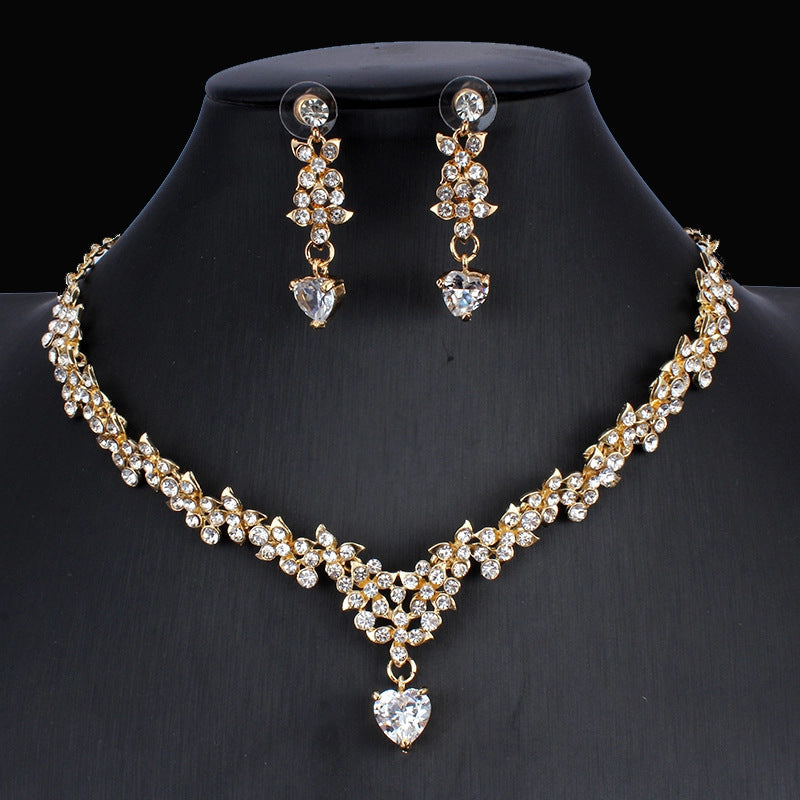 Zirconium, Golden Bridal Necklace and  Earrings Wedding Two-piece Set