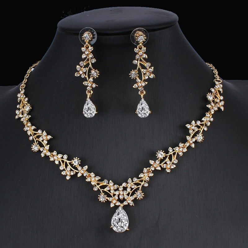 Zirconium, Golden Bridal Necklace and  Earrings Wedding Two-piece Set