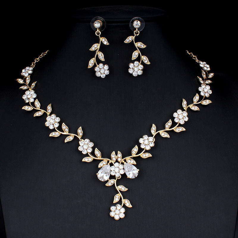 Zirconium, Golden Bridal Necklace and  Earrings Wedding Two-piece Set