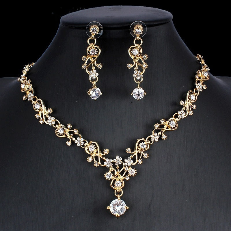 Zirconium, Golden Bridal Necklace and  Earrings Wedding Two-piece Set