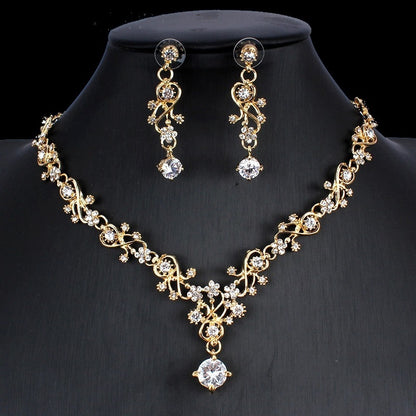 Zirconium, Golden Bridal Necklace and  Earrings Wedding Two-piece Set