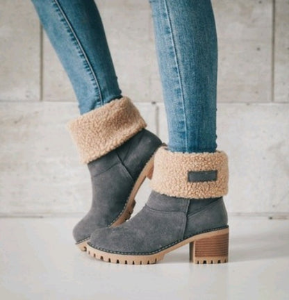 Crush, Mid-Tube Thick Heel Suede Snow Boots