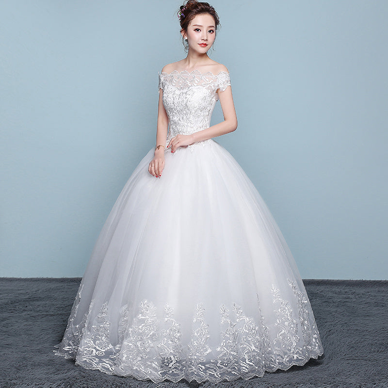 Qidi, Lovely Lace Bodice Full Skirt Off-the-Shoulder Wedding Dress for Women