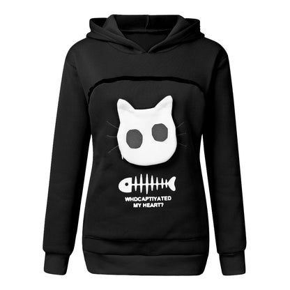 Fun Wear, Women Hoodie Sweatshirt With Cat Pet Pocket Design, Long Sleeve Sweater