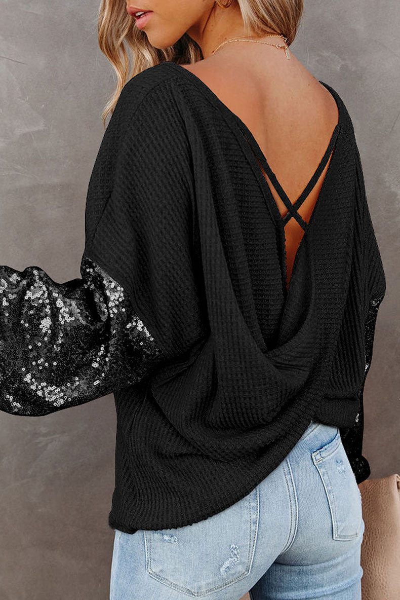 Starr, Sequined Low Back Knitted Long Sleeve Sweater