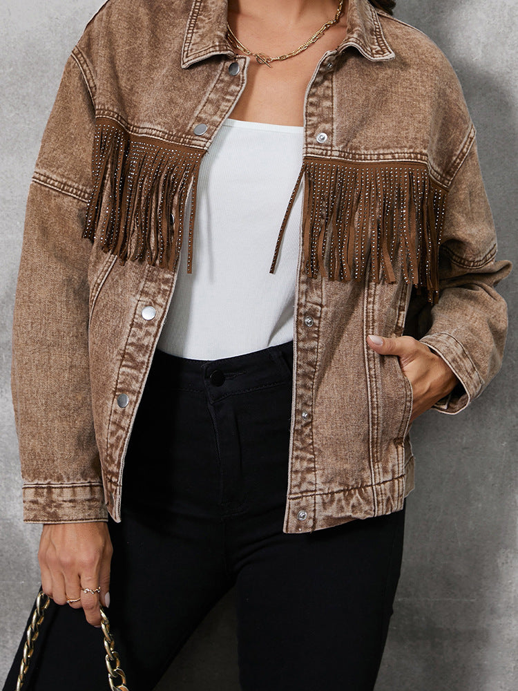 Tassel Lapel Western Denim Jacket  For Women