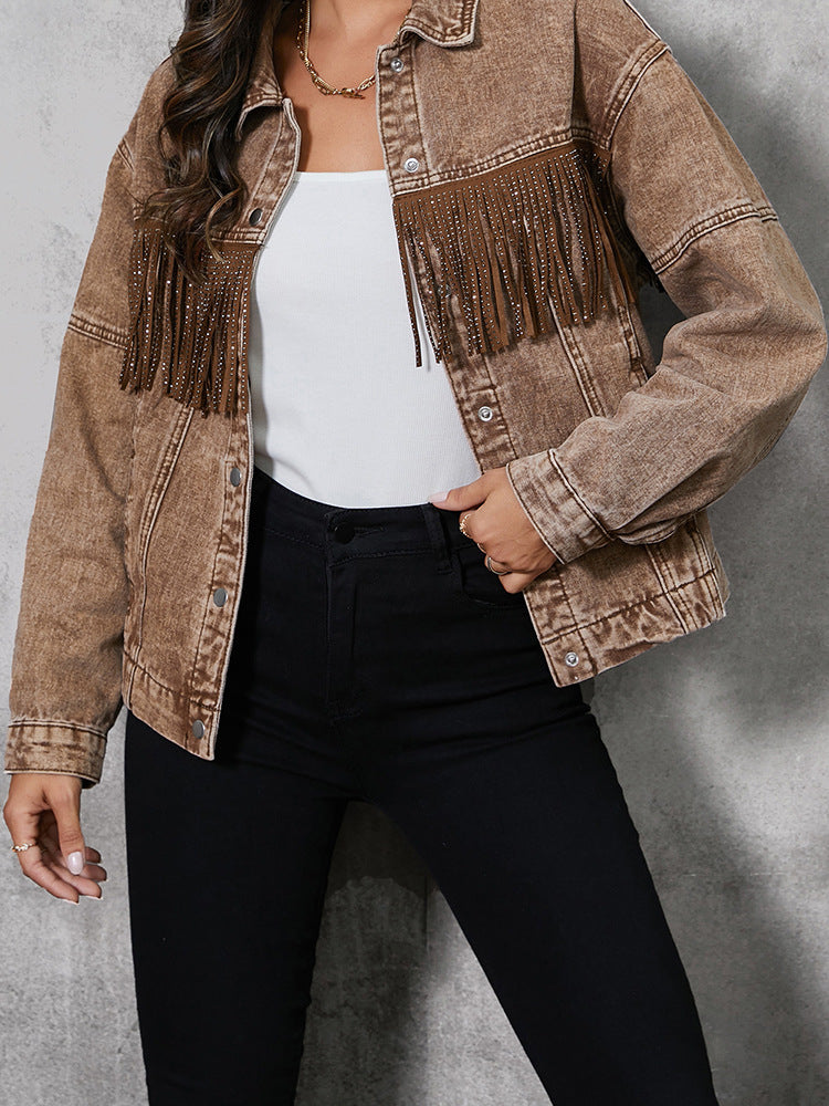 Tassel Lapel Western Denim Jacket  For Women