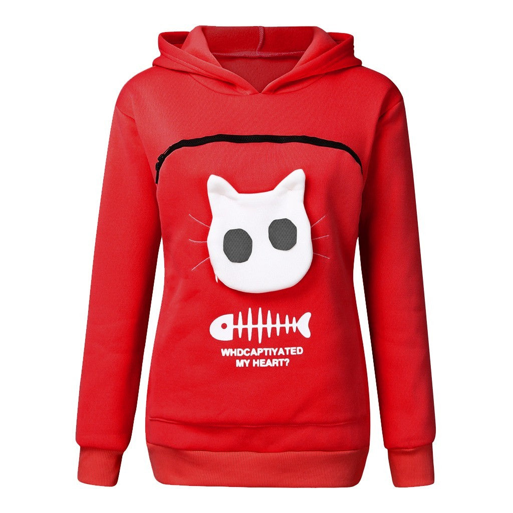 Fun Wear, Women Hoodie Sweatshirt With Cat Pet Pocket Design, Long Sleeve Sweater