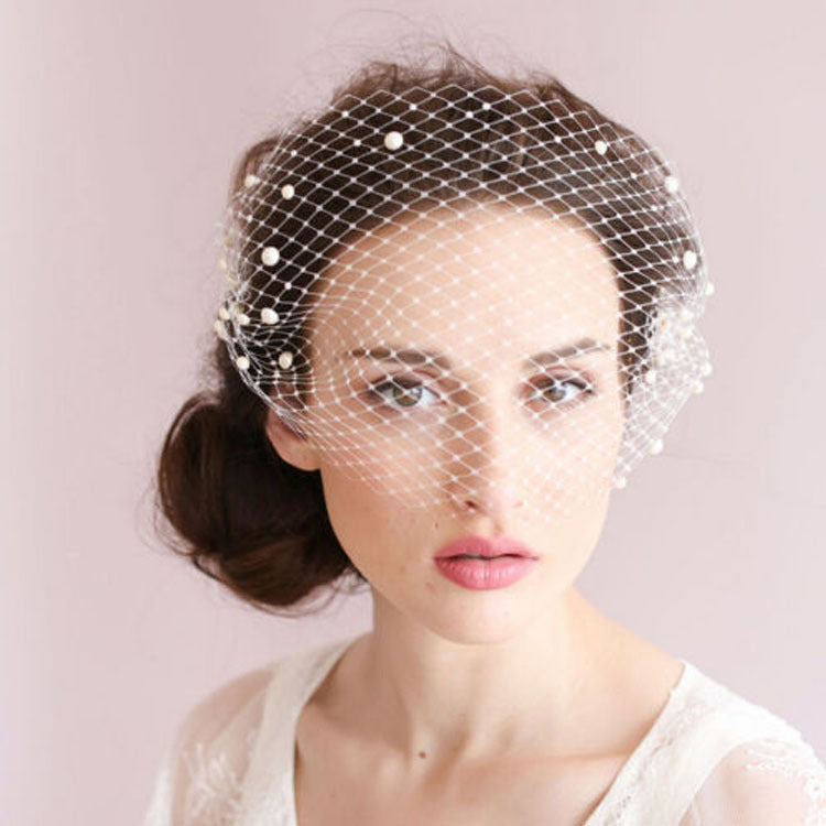 Fastenator, Bridal  Pearl Studded Veil, Large Mesh Netting Short Veil Wedding Hair Accessories