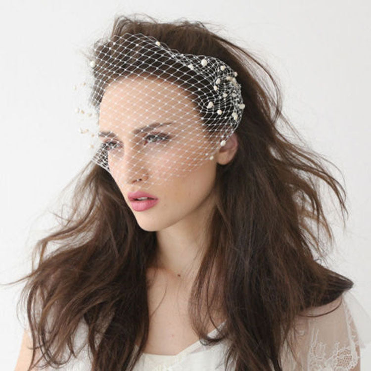 Fastenator, Bridal  Pearl Studded Veil, Large Mesh Netting Short Veil Wedding Hair Accessories