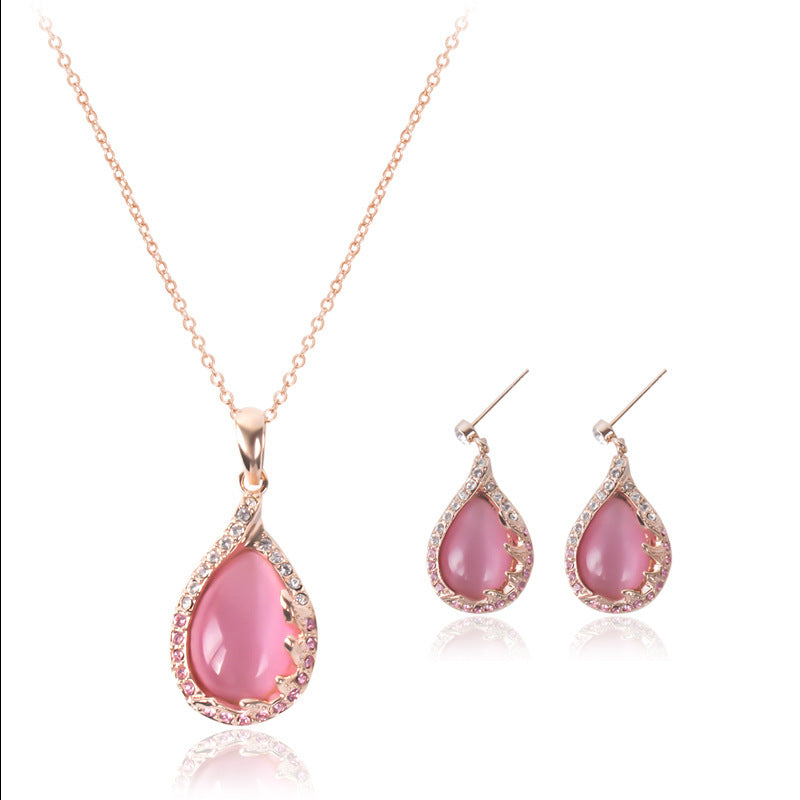 Pink Alloy, Necklace and Earrings Two Piece Set, Ladies Crystal Jewelry Set