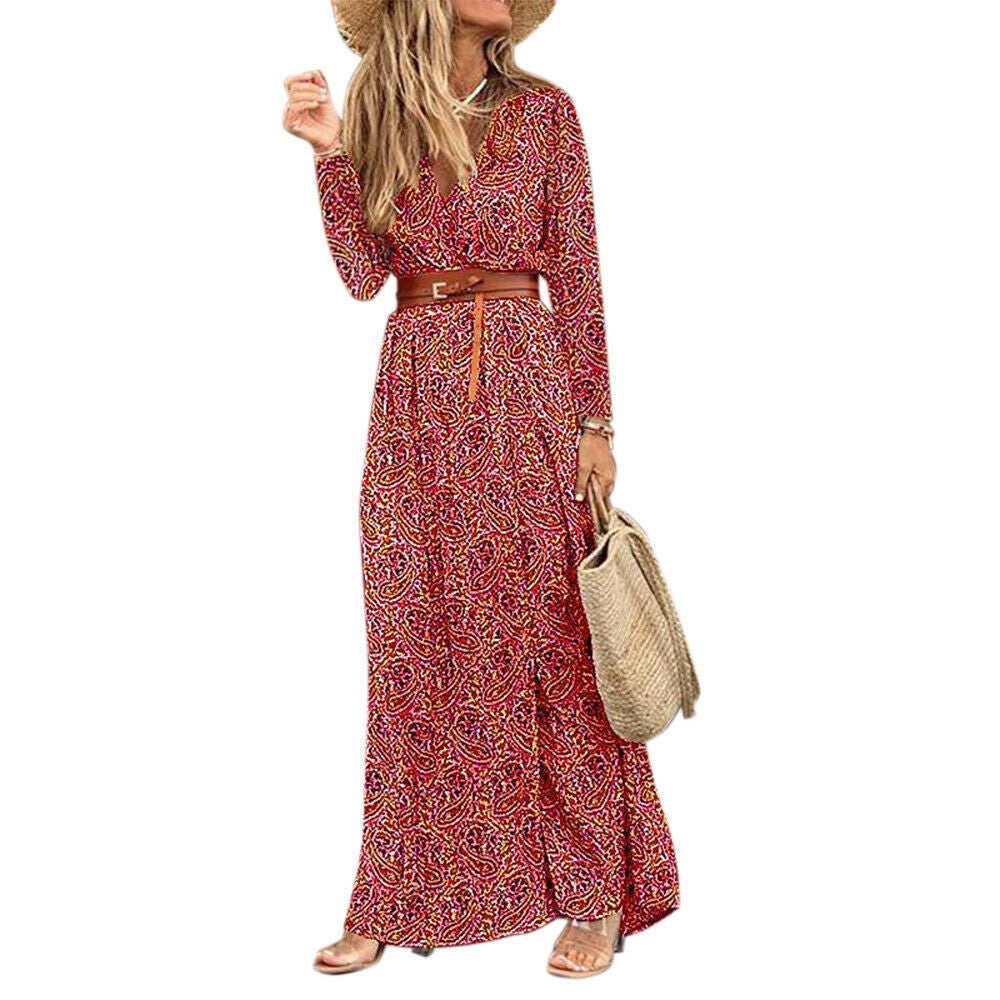 H.A.L.L.O., Long Sleeve V-Neck Boho Floral Dress