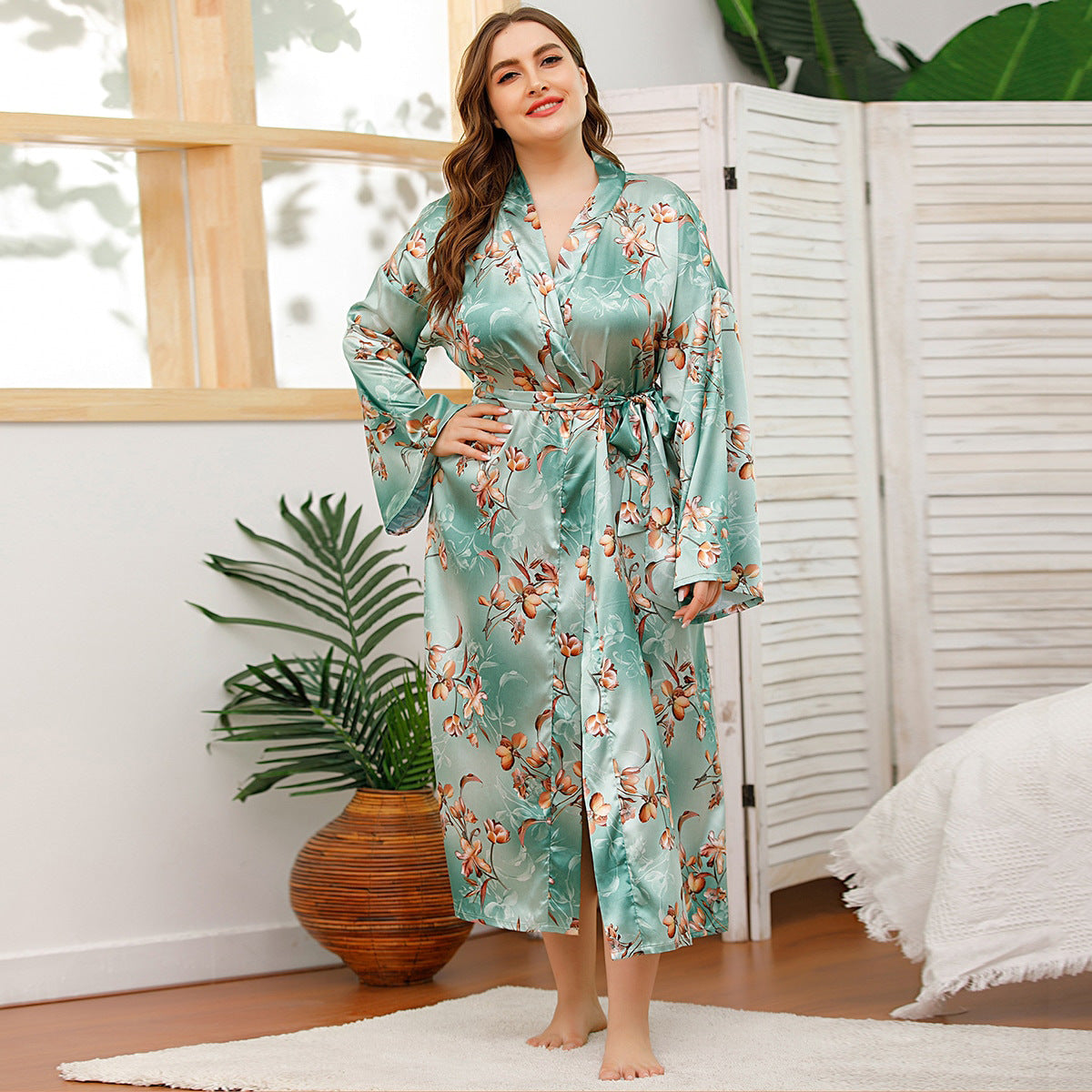 Camise, Long Robes For Women Flower Print Bathrobe V-neck Silk Sleepwear