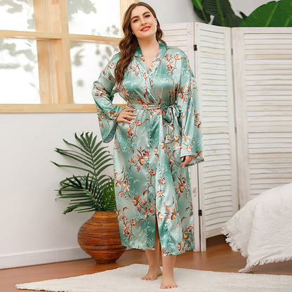 Camise, Long Robes For Women Flower Print Bathrobe V-neck Silk Sleepwear