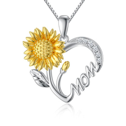 Necklace for Mom, 925 Sterling Silver Sunflower Heart, I Love You Mother Pendant Jewelry Mother&