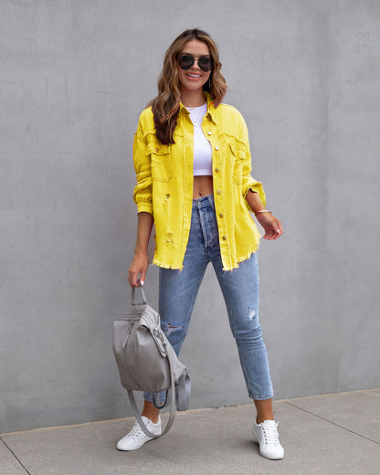 Suburban, Fashion Ripped Shirt Jacket Female Autumn And Spring Casual Womens Clothing