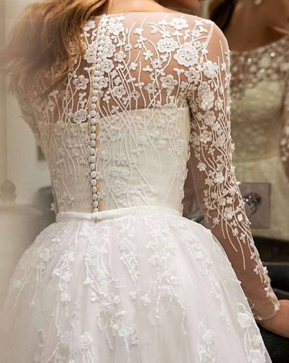 Vineyard, Lovely Whimsical  Bridal Gown with Floral Embroidered Long Sleeve Sheer Top