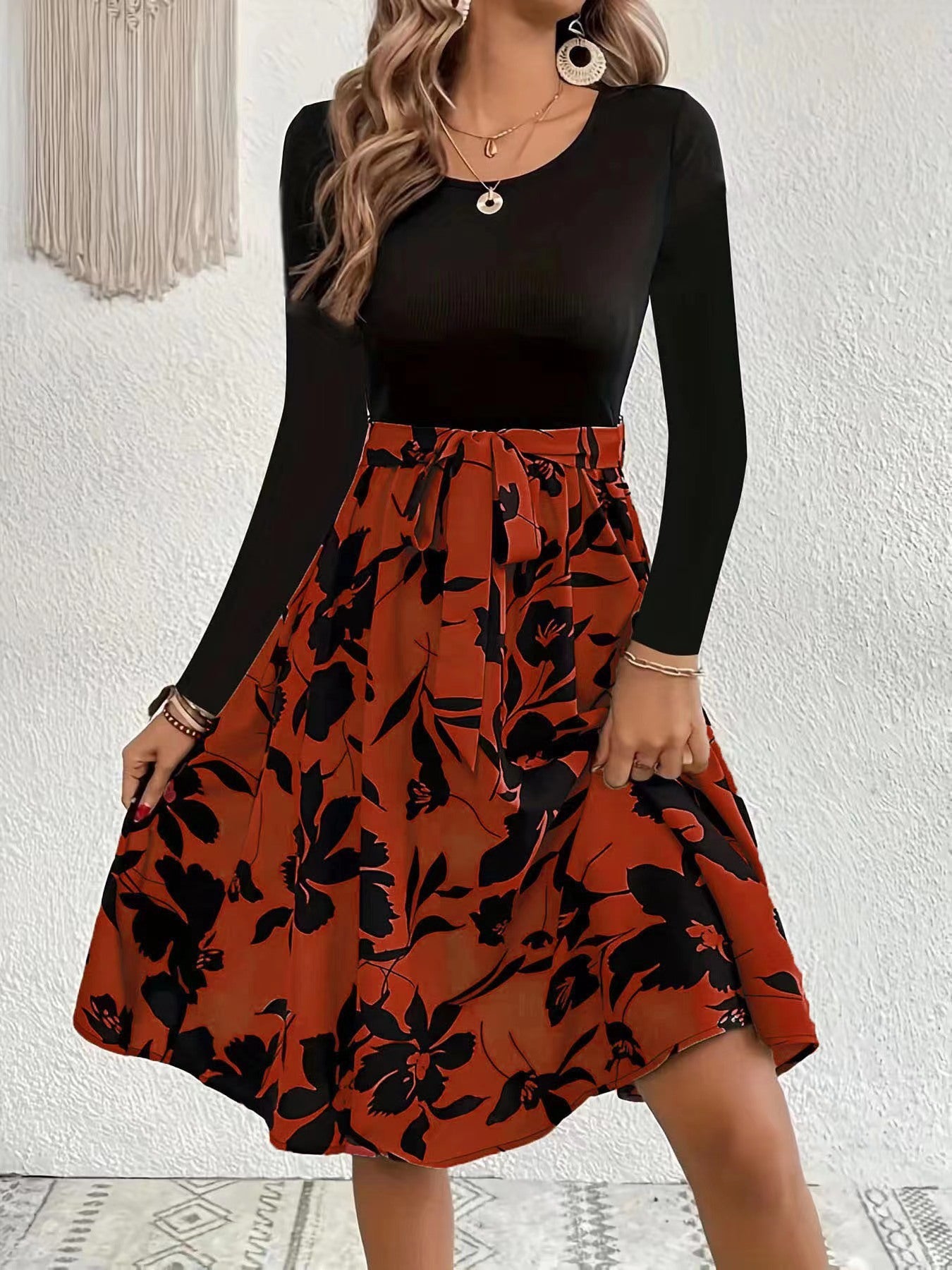 S.A.S, Casual Floral Print Knee Length Long Sleeve Dress, Fashion Round Neck Tie Waist Slim Fit Dress Women&