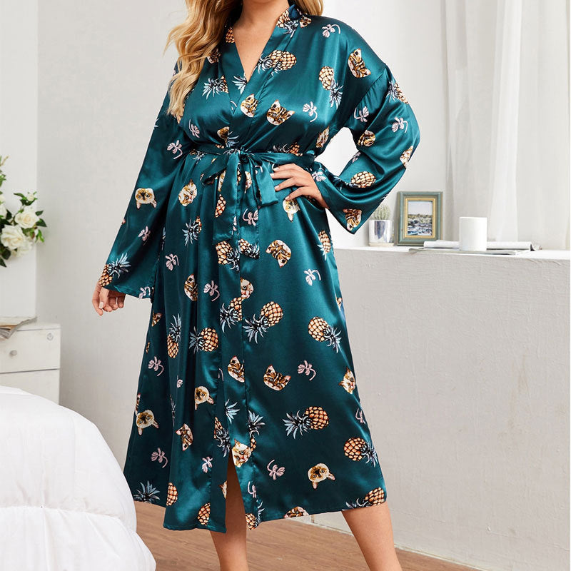 Camise, Long Robes For Women Flower Print Bathrobe V-neck Silk Sleepwear