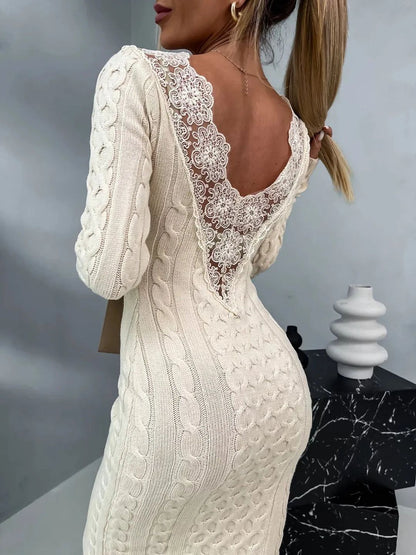 E.Q., Striking Casual V-neck Patchwork Lace Sweater Dress