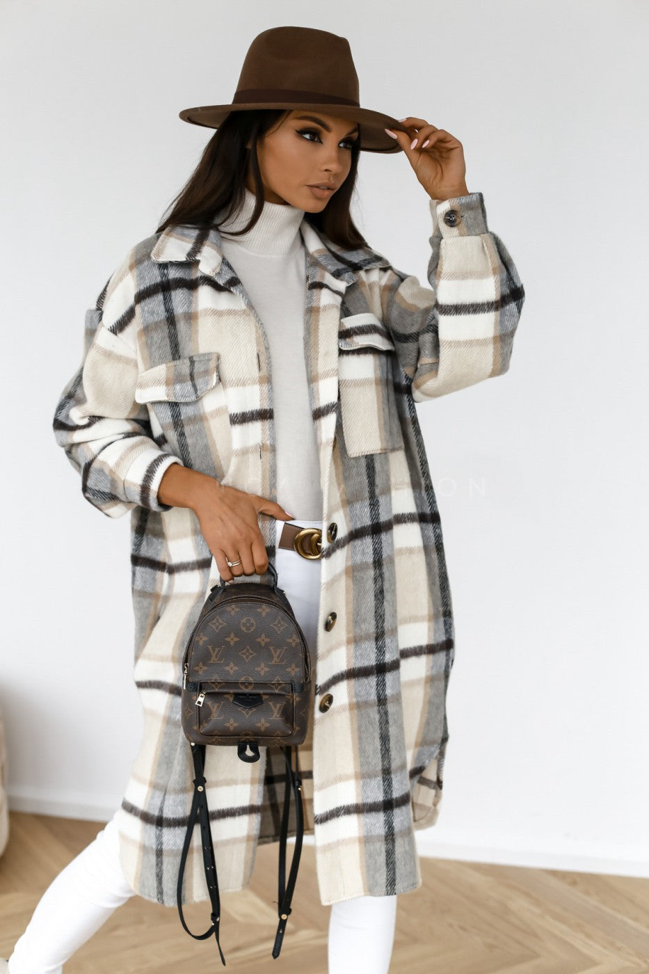 Beau, Lapel Casual Warm Plaid Long Woolen Ladies Coat