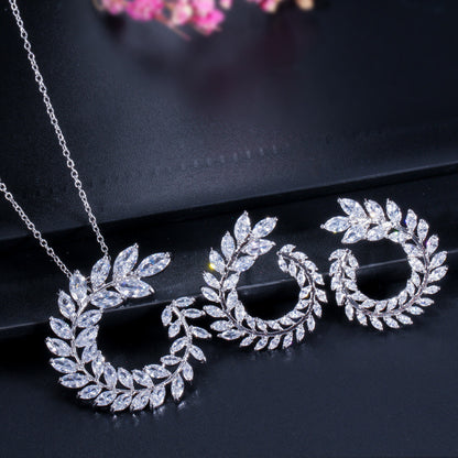 Zircon necklace earrings two-piece anti-allergic earrings true white gold plating color