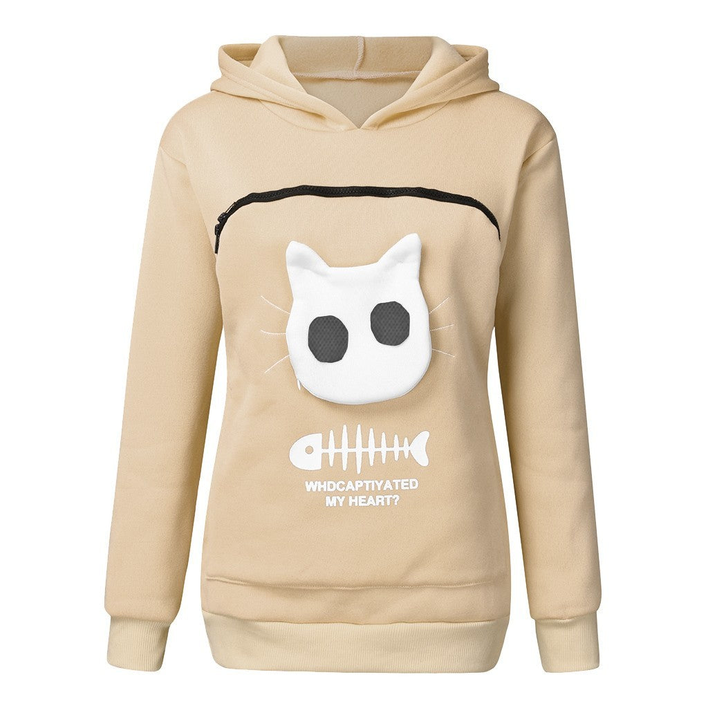 Fun Wear, Women Hoodie Sweatshirt With Cat Pet Pocket Design, Long Sleeve Sweater