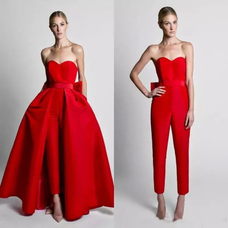 Couture, Gorgeous Red Jumpsuit for Evening with Detachable Long Formal Skirt