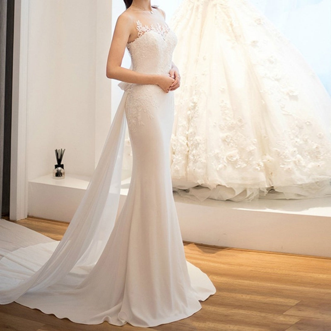 Venus, Lovely Goddess Inspired Fitted Wedding Gown with See-through Super Light Lace with Elegant Draping Fabric and attached Train