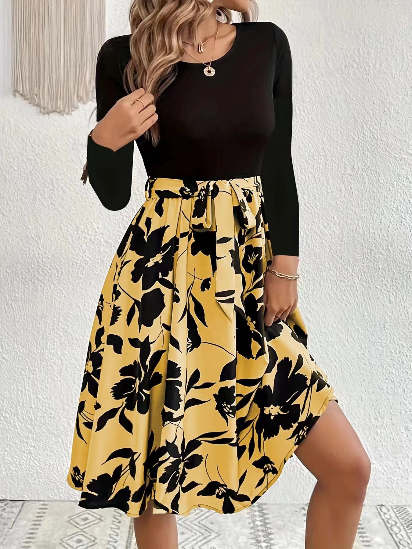 S.A.S, Casual Floral Print Knee Length Long Sleeve Dress, Fashion Round Neck Tie Waist Slim Fit Dress Women&