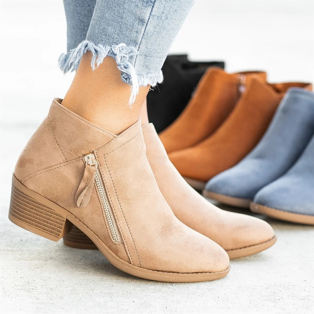 Go West, Suede Style Ankle Boots For Women, Low Heel with Side Zipper
