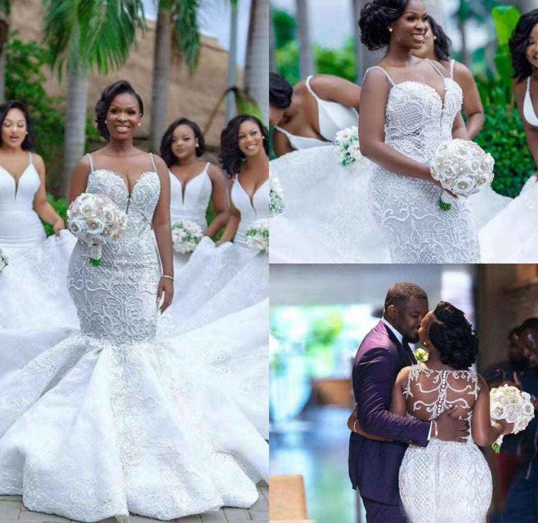 Ghanian Princess, Mermaid Fan Style V-Neck Lace Spaghetti Strap Wedding Dress