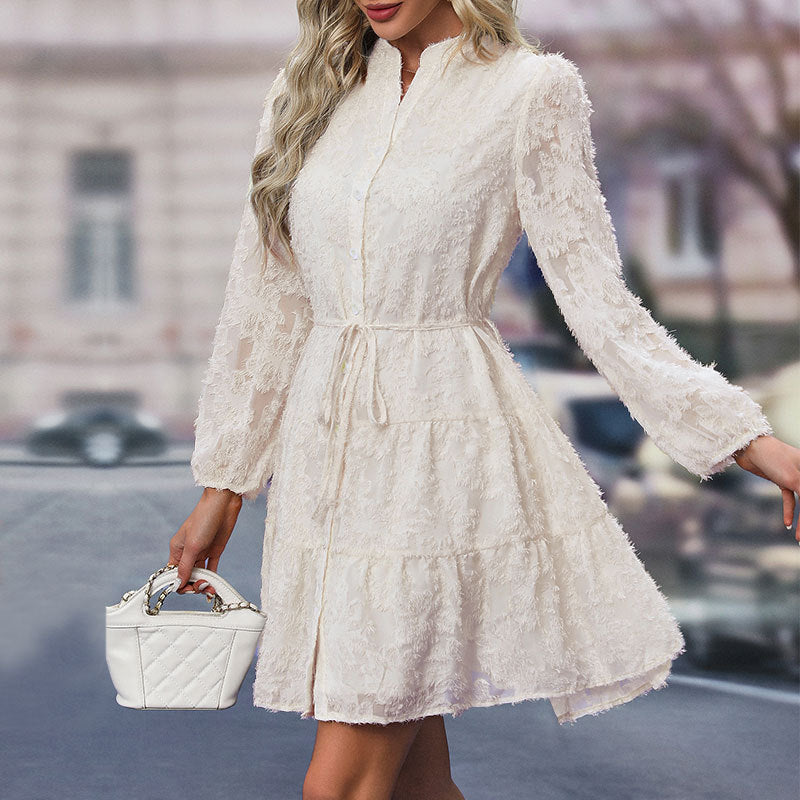 Paulina, Lace Tied Button Down Long Sleeve Dress, Fashion Medium Length Dress for Women