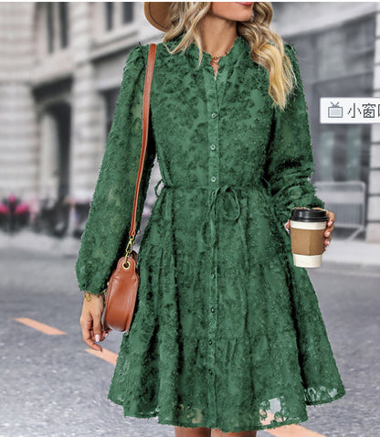 Paulina, Lace Tied Button Down Long Sleeve Dress, Fashion Medium Length Dress for Women