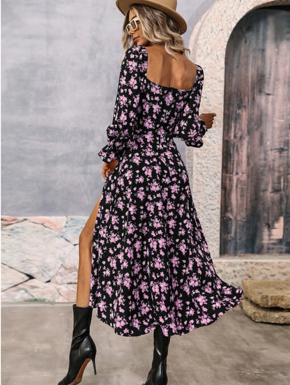 PLATUE, Long Sleeve French Bodice Floral Print Dress, Fashion Square-Neck Women&