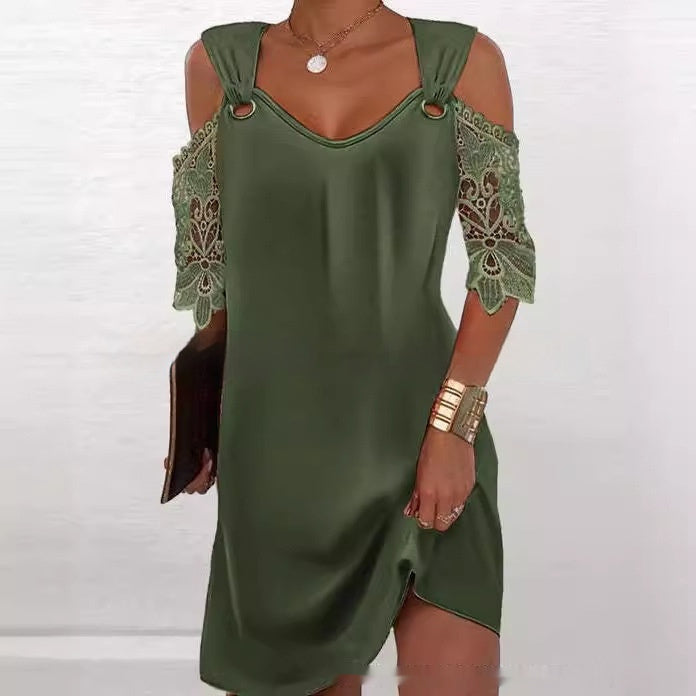 Elevated Summer Sophistication,  Loose V-neck Shoulder Strap intricate Lace Sleeve Mini Dress for Ladies