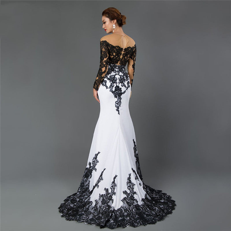 Statements, White Black Is Lace Embroidered Off-Shoulder Slim Fishtail Formal Women&