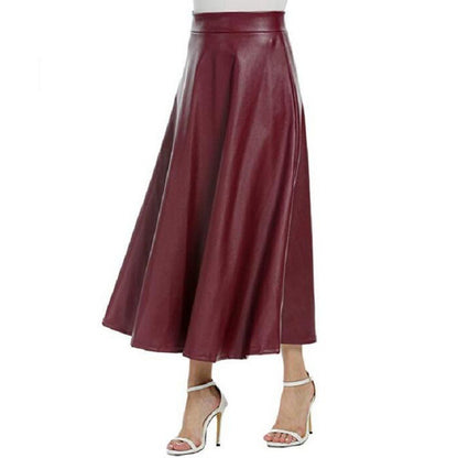 Flair, Faux Leather Mid Length Skirt with High Waist