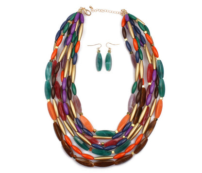 Versatile Style, Multi Color Beaded Fashion Necklace with Gold Accent Beads and Matching Earrings