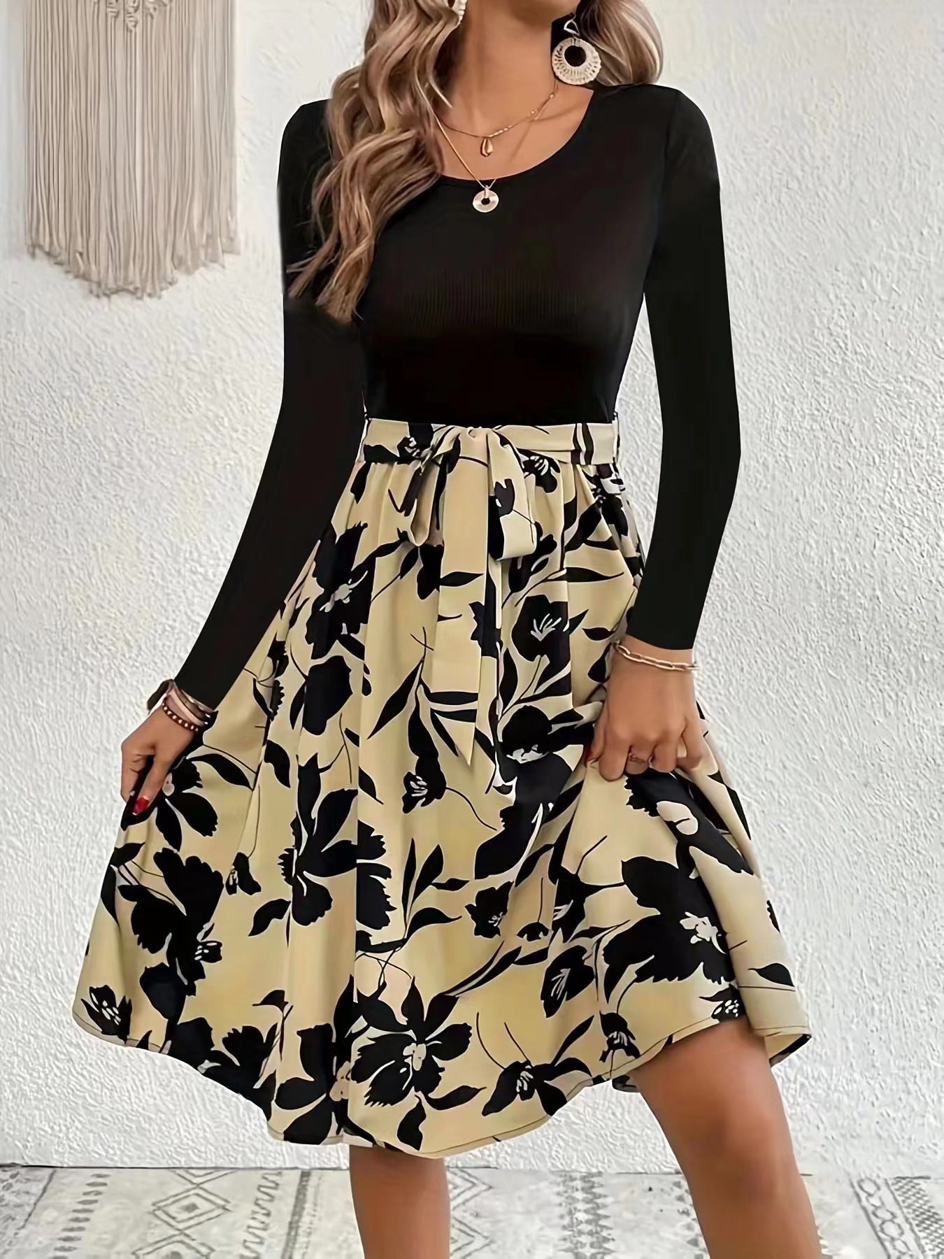 S.A.S, Casual Floral Print Knee Length Long Sleeve Dress, Fashion Round Neck Tie Waist Slim Fit Dress Women&