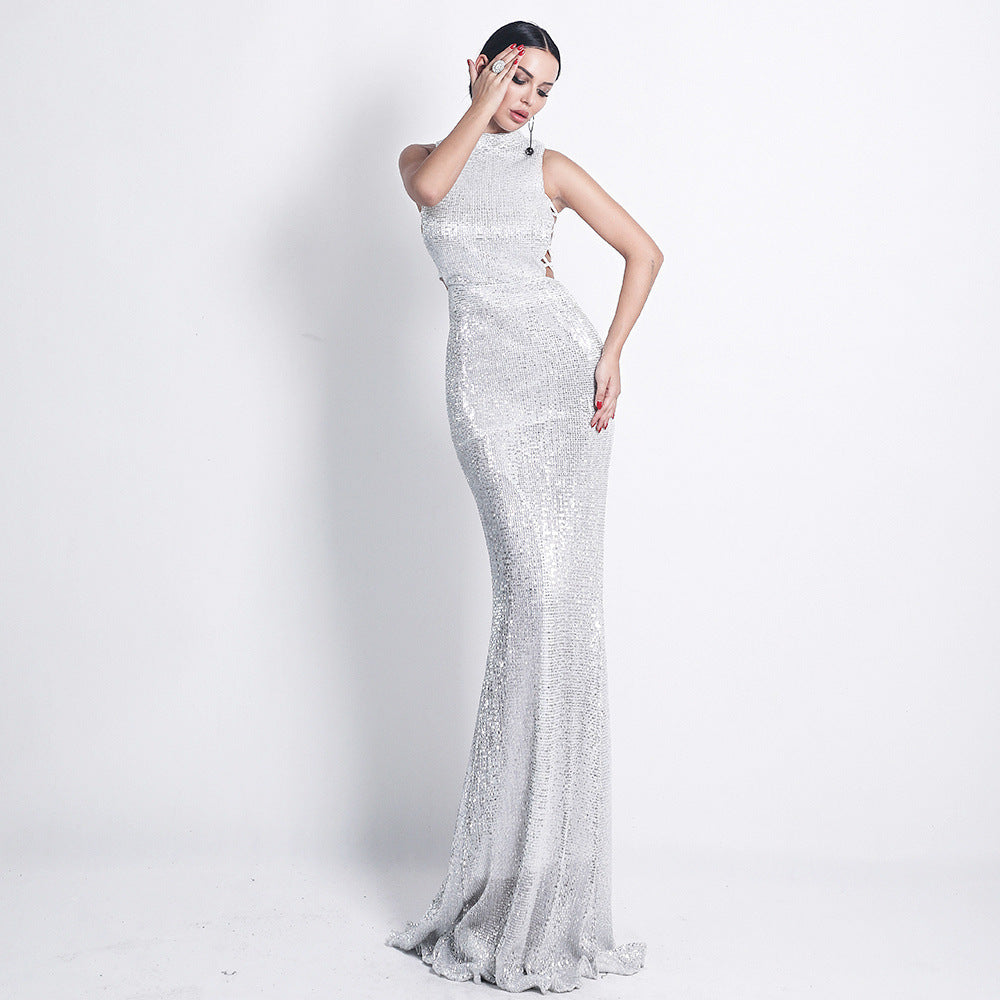 Pamela, Sleek Side Lace-Up Sequined Event Gown