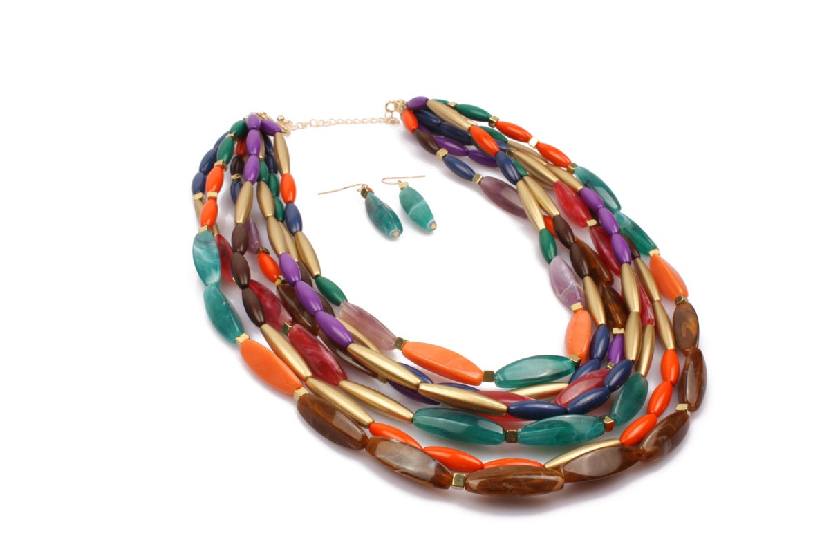 Versatile Style, Multi Color Beaded Fashion Necklace with Gold Accent Beads and Matching Earrings