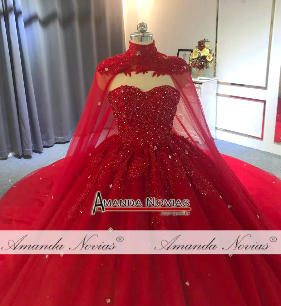 Amanda Novias, Red Holiday Wedding Dress With Cape, Wedding Party Dress Full Beading