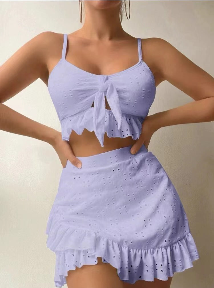 Flirty, 3pcs Beach Ensemble Hip-hugging Wrap Ruffled Skirt Design Swimsuit Set Summer Women&