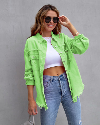 Suburban, Fashion Ripped Shirt Jacket Female Autumn And Spring Casual Womens Clothing